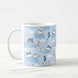Cute Cloud Cat Mug - Adorable Cats and Kites on Bl
