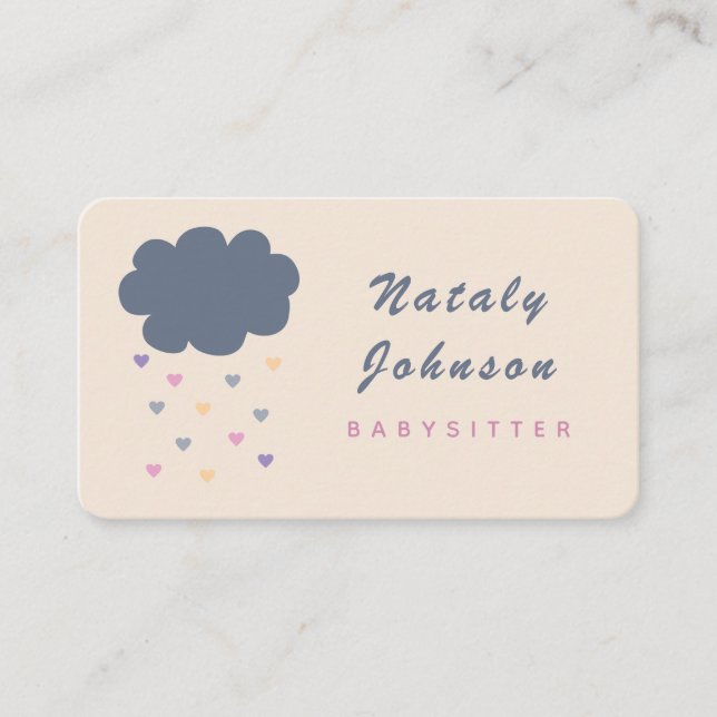 Cute Cloud & Colourful Hearts Babysitter Minimalis Business Card (Front)