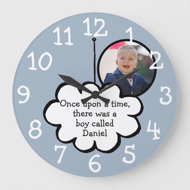 Cute Cloud on a String Personalized Photo Blue Large Clock (Front)