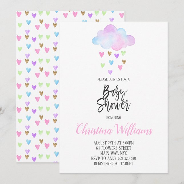 Cute Cloud Rain Rainbow Watercolor Baby Shower Invitation (Front/Back)