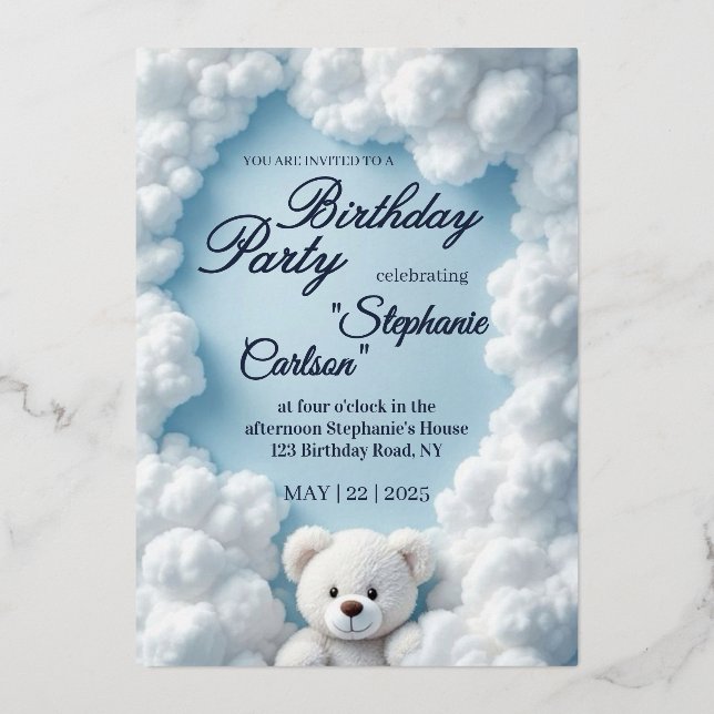 Cute Cloud & Teddy Bear Birthday Invitation (Front)