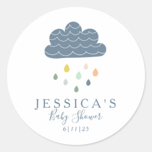 Cute Clouds and Raindrops in Blue Baby Shower   Classic Round Sticker