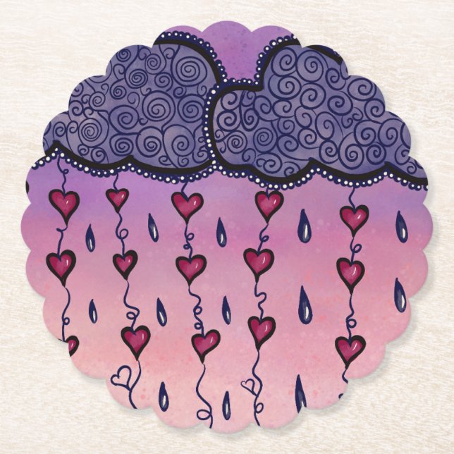 Cute clouds, hearts and raindrops paper coaster (Front)