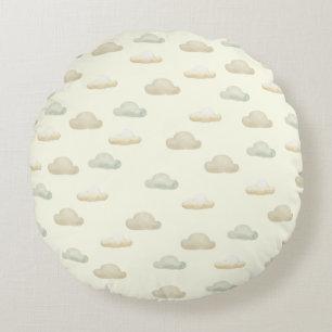 Cute Clouds in Butter Yellow Sky Round Pillow