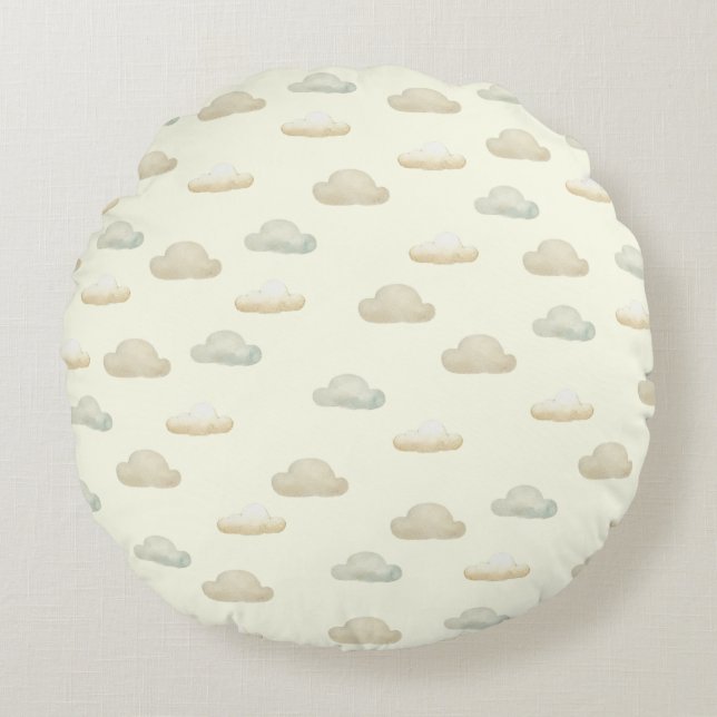 Cute Clouds in Butter Yellow Sky  Round Pillow (Front)