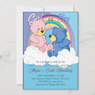 Cute Cloudy Rainbow Sky Bear Gender Reveal Party Invitation
