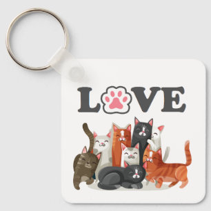 Cute Clowder of Cats Illustration with LOVE Keychain