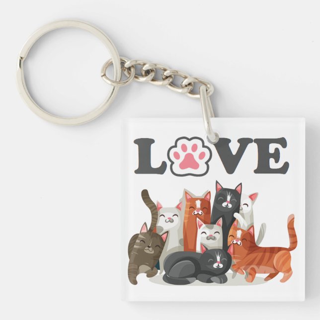 Cute Clowder of Cats Illustration with LOVE Photo Keychain (Front)