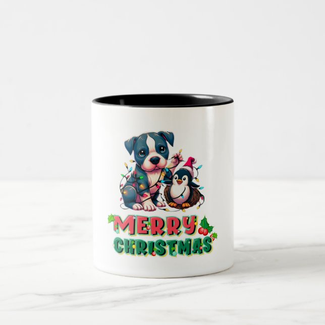 Cute clumsy Pitbull and Penguin Christmas Two-Tone Coffee Mug (Center)