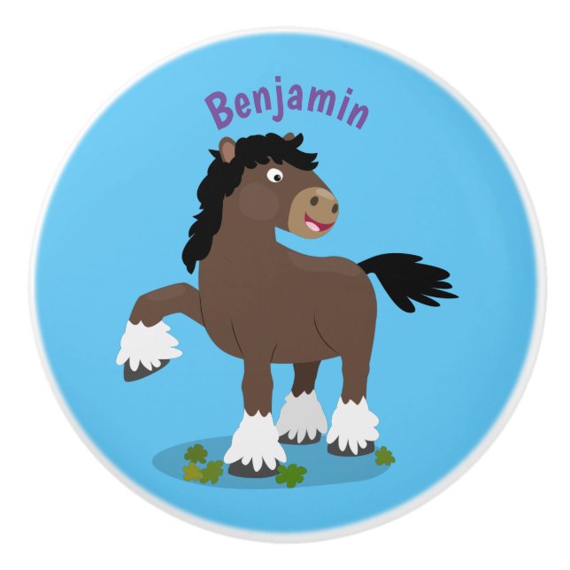Cute Clydesdale draught horse cartoon illustration Ceramic Knob (Front)