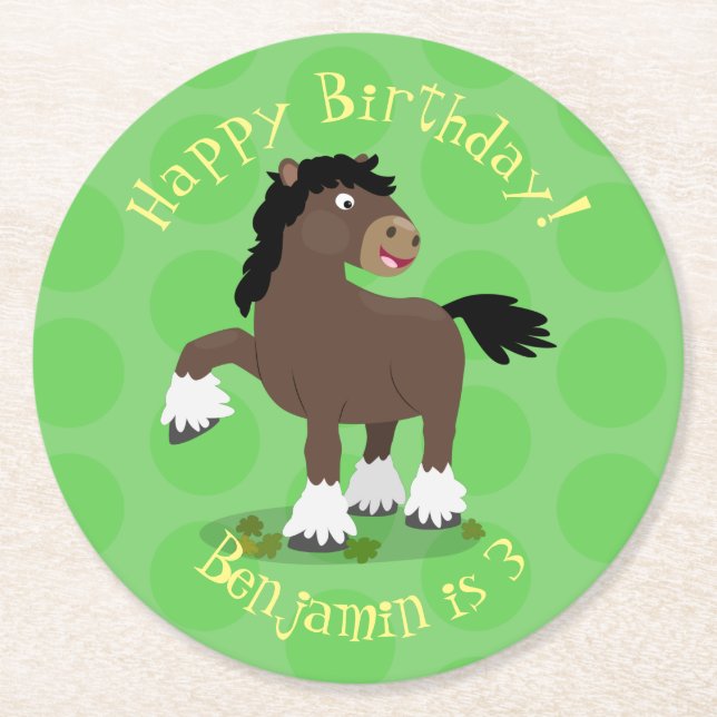 Cute Clydesdale draught horse cartoon illustration Round Paper Coaster (Front)