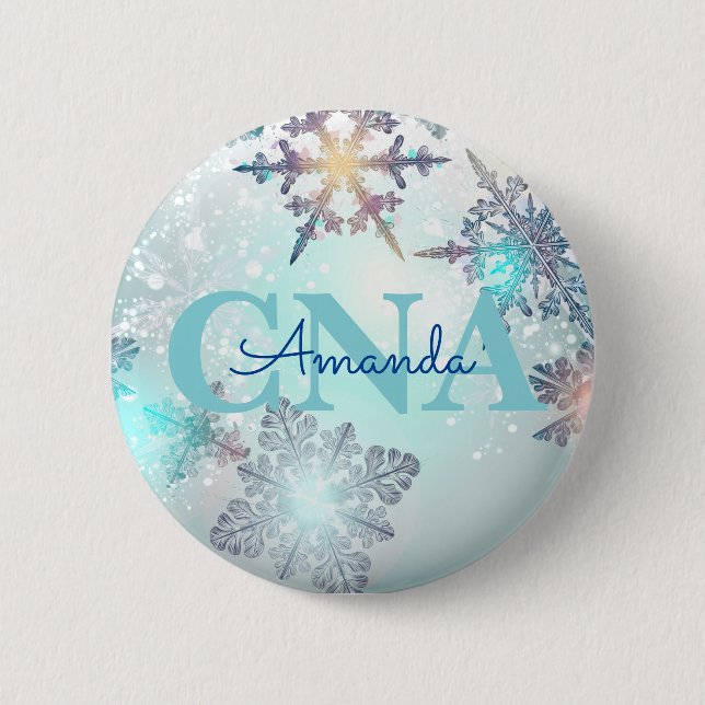Cute CNA Ice Blue Snowflake Personalized Name  2 Inch Round Button (Front)