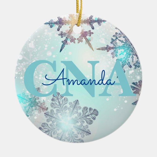 Cute CNA Ice Blue Snowflake Personalized Name  Ceramic Ornament (Front)
