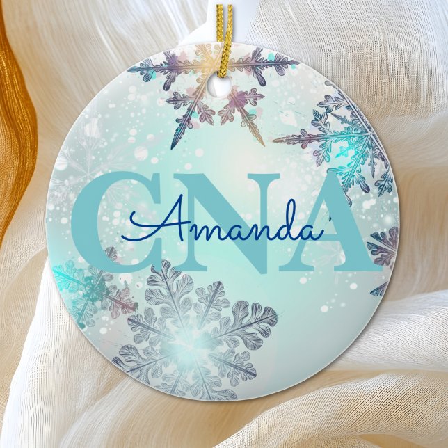 Cute CNA Ice Blue Snowflake Personalized Name  Ceramic Ornament (Creator Uploaded)