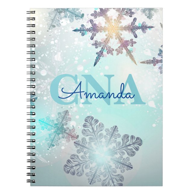 Cute CNA Ice Blue Snowflake Personalized Name Notebook (Front)