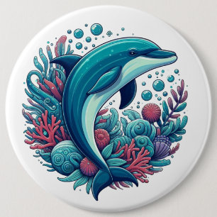 Cute, coastal/nautical dolphin 6 inch round button