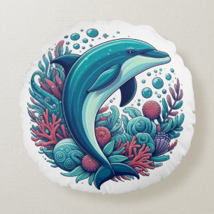 Cute, coastal/nautical dolphin round pillow