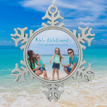 Cute Coastal Photo Beach Family Vacation Keepsake Snowflake Pewter Christmas Ornament<br><div class="desc">Chic customizable beach family photo Christmas ornament that reads Mele Kalikimaka or your custom text with your favourite tropical photo in the sun. Add a full photograph of your favourite memory from your island vacation to the coast. A beautiful coastal holiday ornament gift with pretty blue script over the picture....</div>