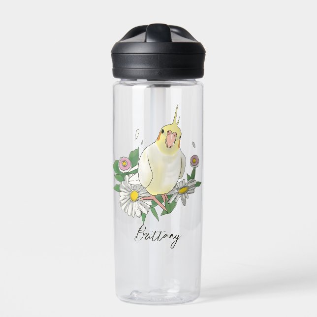 Cute Cockatiel Floral Custom Name Water Bottle (Front)