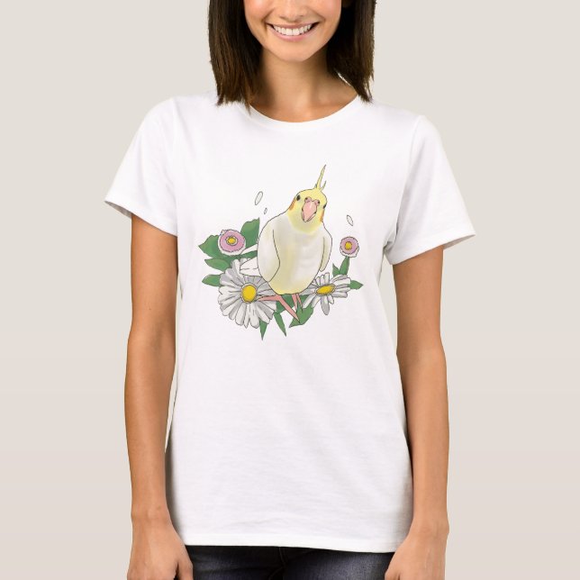 Cute Cockatiel Floral Illustration T-Shirt (Front)