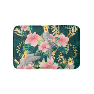 Cute Cockatiel Parrot Vintage Pattern Bath Mat