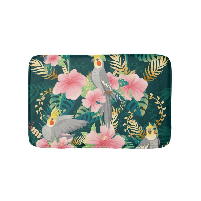 Cute Cockatiel Parrot Vintage Pattern Bath Mat (Front)