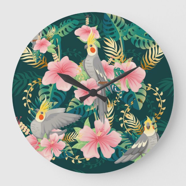 Cute Cockatiel Parrot Vintage Pattern Large Clock (Front)