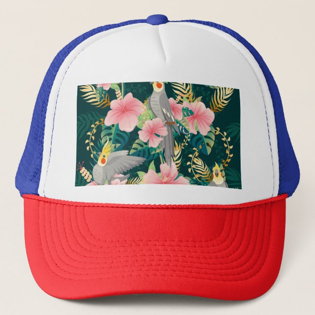Cute Cockatiel Parrot Vintage Pattern Trucker Hat (Front)