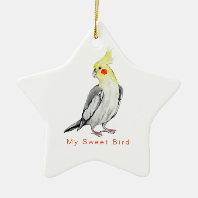 Cute Cockatiel Watercolor Parrot.  Ceramic Ornament (Front)