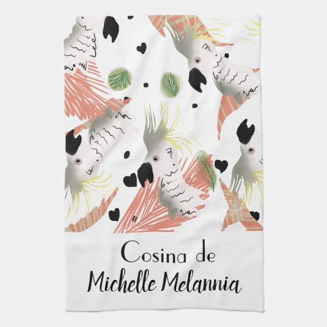 Cute Cockatoo Hearts Greenery Illustration Kitchen Towel (Vertical)