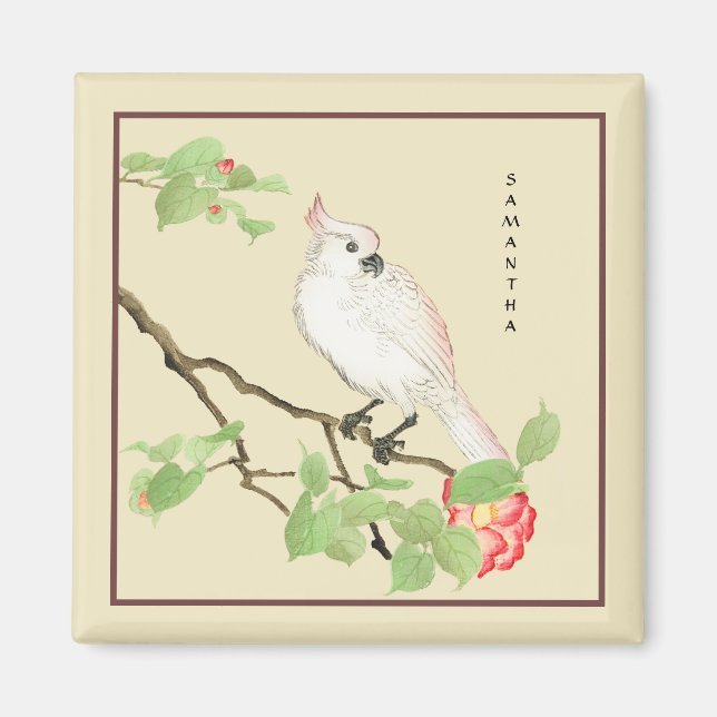 Cute Cockatoo Vintage japonais Camellia Magnet (Devant)