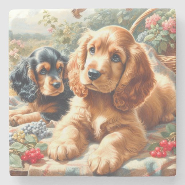 Cute Cocker Spaniel  Painting Stone Coaster (Front)