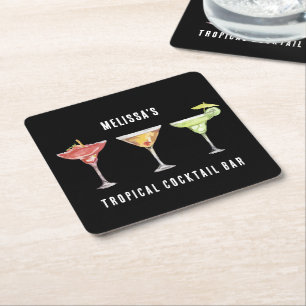 Cute Cocktail Watercolor Custom Square Paper Coaster