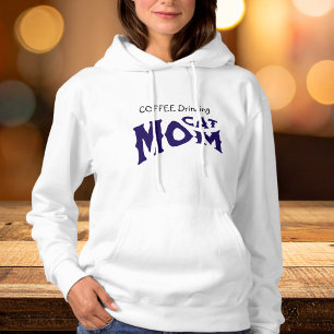 Cute COFFE DRINKING CAT MOM Black/Blue on White Hoodie