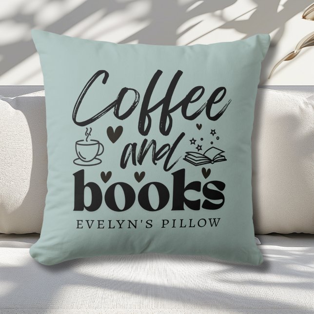 Cute Coffee and Book Lovers Personalized Throw Pillow (Creator Uploaded)