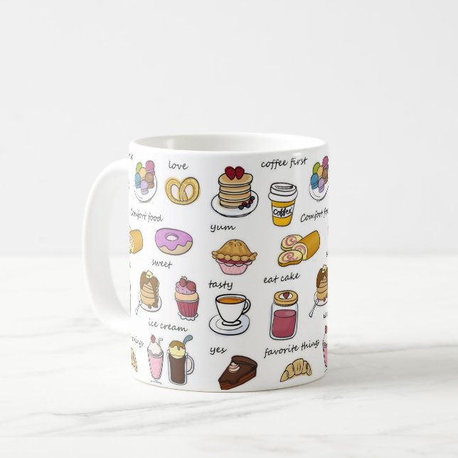 Cute Coffee and Comfort Food Illustrated Pattern Coffee Mug (Front Left)