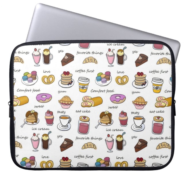 Cute Coffee and Comfort Food Illustrated Pattern Laptop Sleeve (Front)