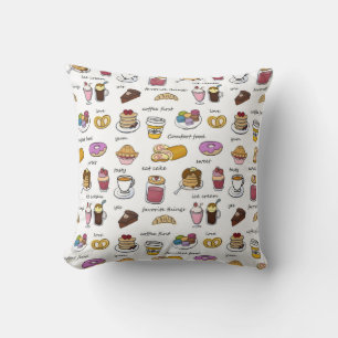 Cute Coffee and Comfort Food Illustrated Pattern Throw Pillow