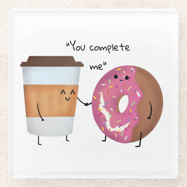 Cute Coffee and Doughnut Complete Couple Glass Coaster (Front)