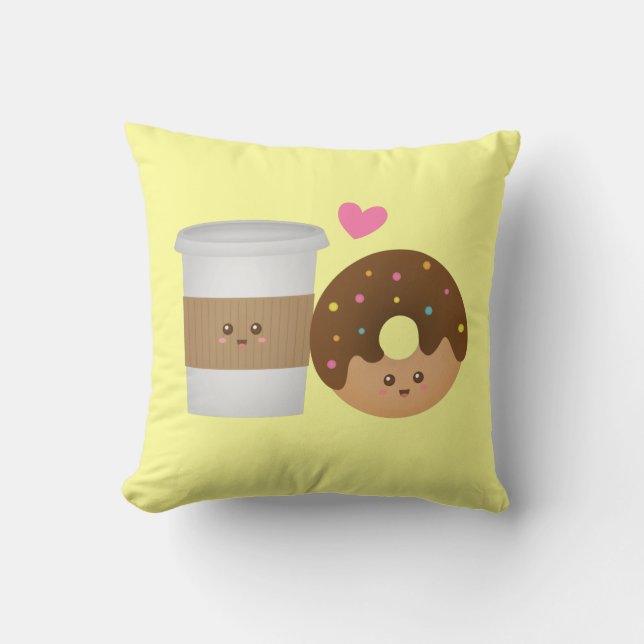 Cute Coffee and Doughnut in Love, Perfect Pair Throw Pillow (Front)