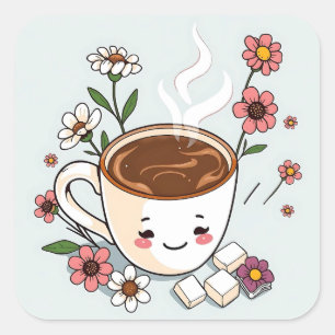 Cute Coffee and Flowers Whimsical Square Sticker
