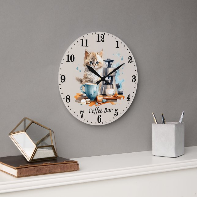 Cute coffee bar cat add text  large clock (Office)