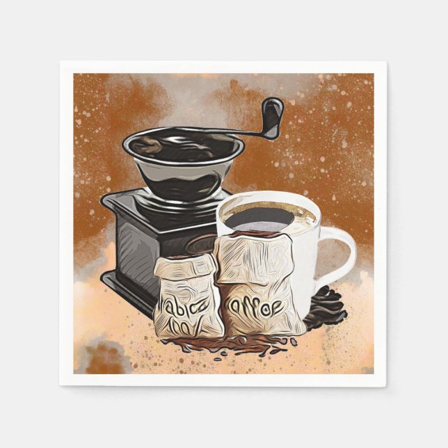 Cute coffee bar grinder mug beans napkin (Front)