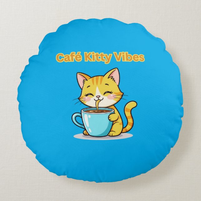 **Cute Coffee Cat – Adorable Cat Drinking Coffee I Round Pillow (Front)