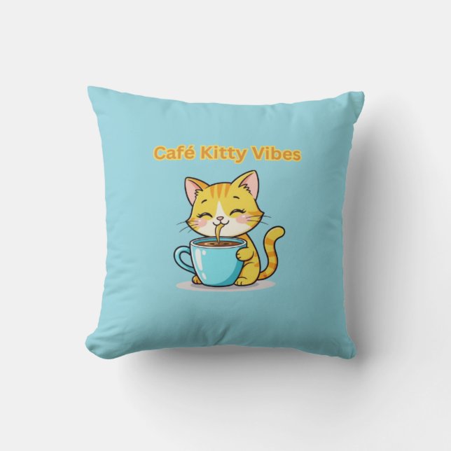 **Cute Coffee Cat – Adorable Cat Drinking Coffee I Throw Pillow (Front)