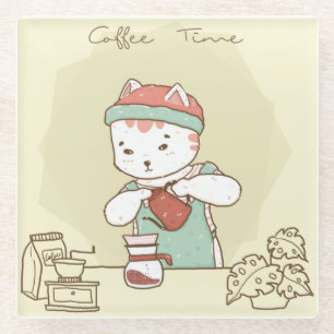 Cute Coffee Cat Glass Coaster