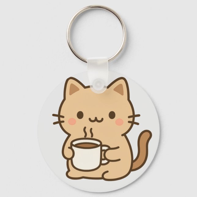 Cute Coffee Cat Kawaii Cozy Aesthetic Design Keychain (Front)