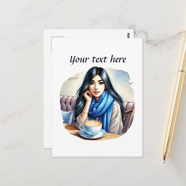 Cute coffee lady add text  postcard (Front/Back In Situ)