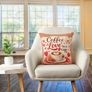 Cute Coffee Love in a Cup Valentine Quote Brown Throw Pillow