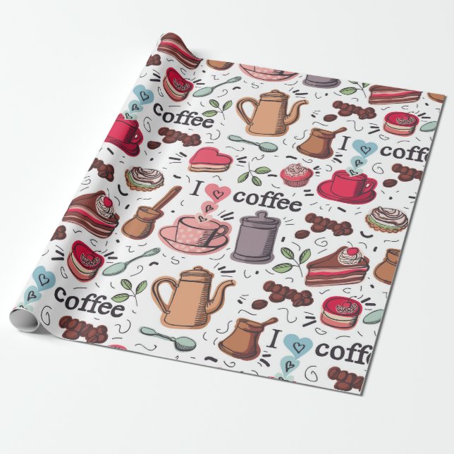 Cute Coffee Pattern Wrapping Paper (Unrolled)